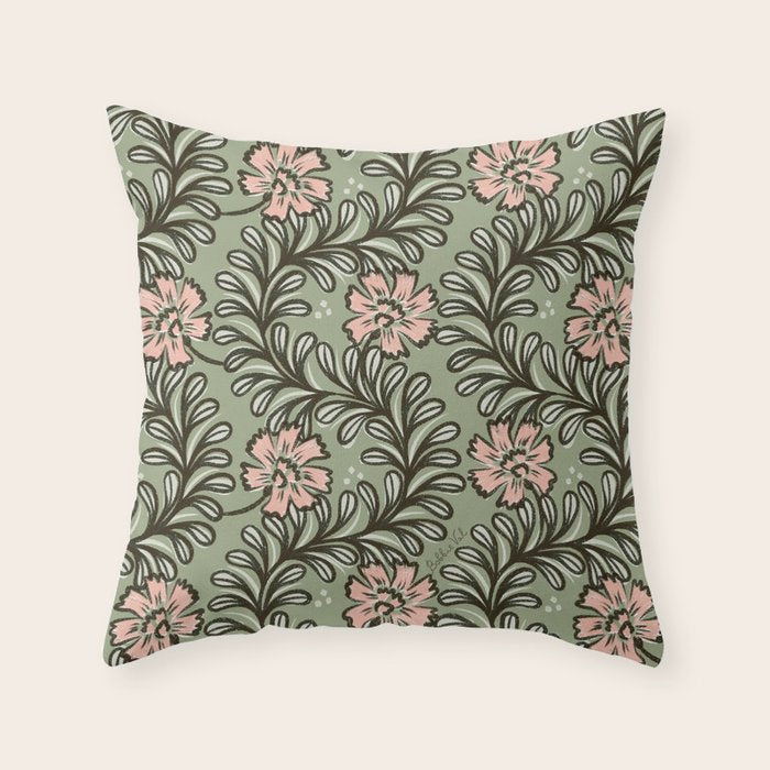 Climbing Leaves Floral Stripe Sage Green and Pink Throw Pillow Gallery Image 6