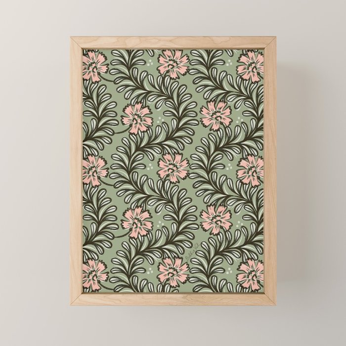 Climbing Leaves Floral Stripe Sage Green and Pink Mini Art Print Gallery Image 1