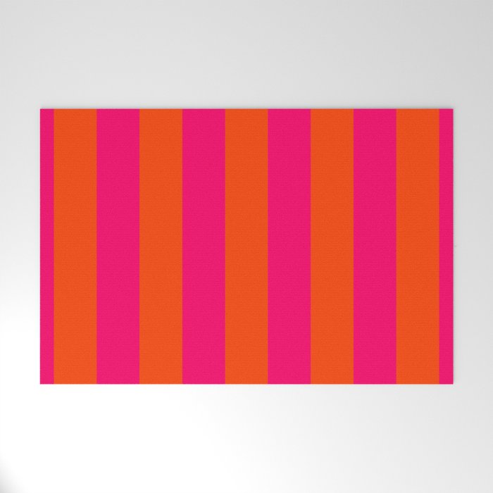 Bright Neon Pink and Orange Vertical Cabana Tent Stripes Welcome Mat Gallery Image 1