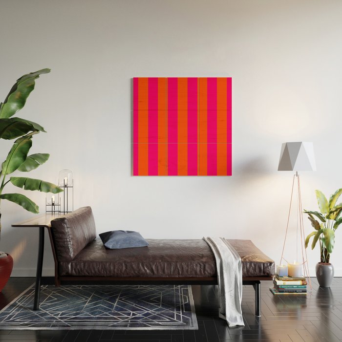 Bright Neon Pink and Orange Vertical Cabana Tent Stripes Wood Wall Art Gallery Image 2