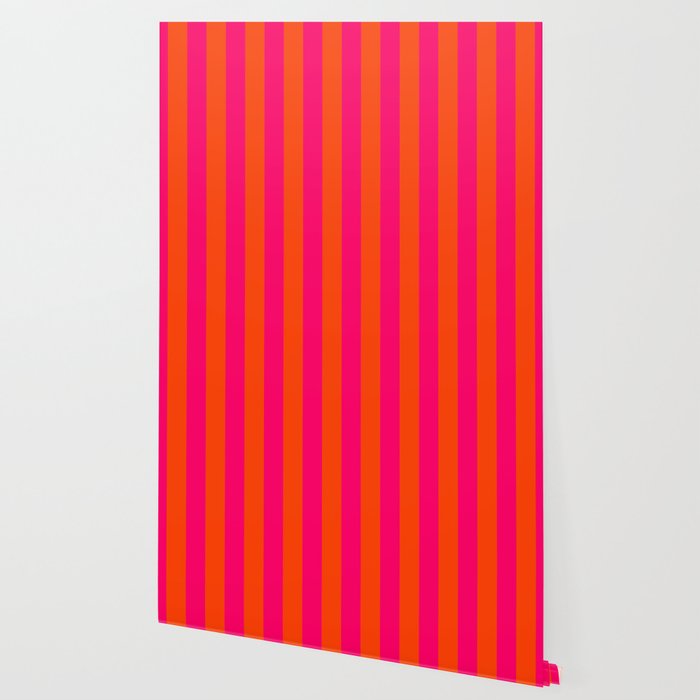 Bright Neon Pink and Orange Vertical Cabana Tent Stripes Wallpaper Gallery Image 2
