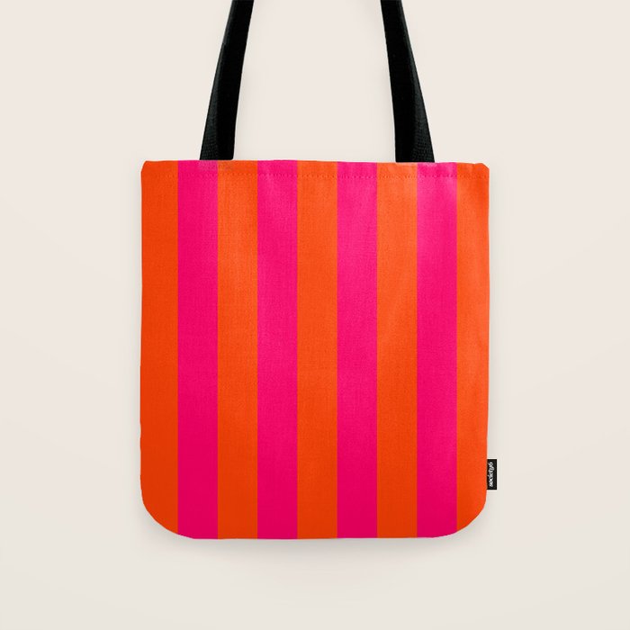 Bright Neon Pink and Orange Vertical Cabana Tent Stripes Tote Bag Gallery Image 1