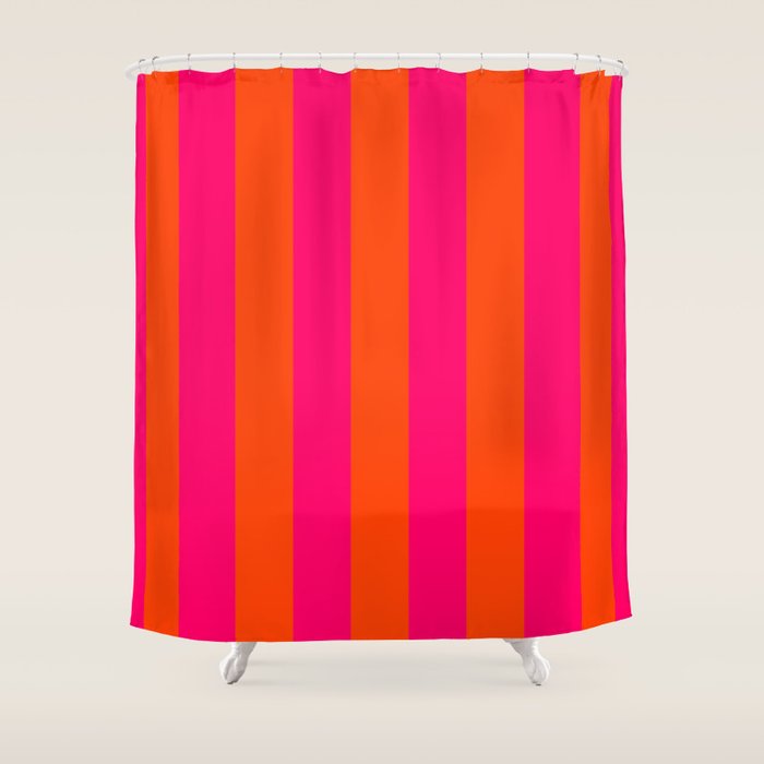 Bright Neon Pink and Orange Vertical Cabana Tent Stripes Shower Curtain Gallery Image 1