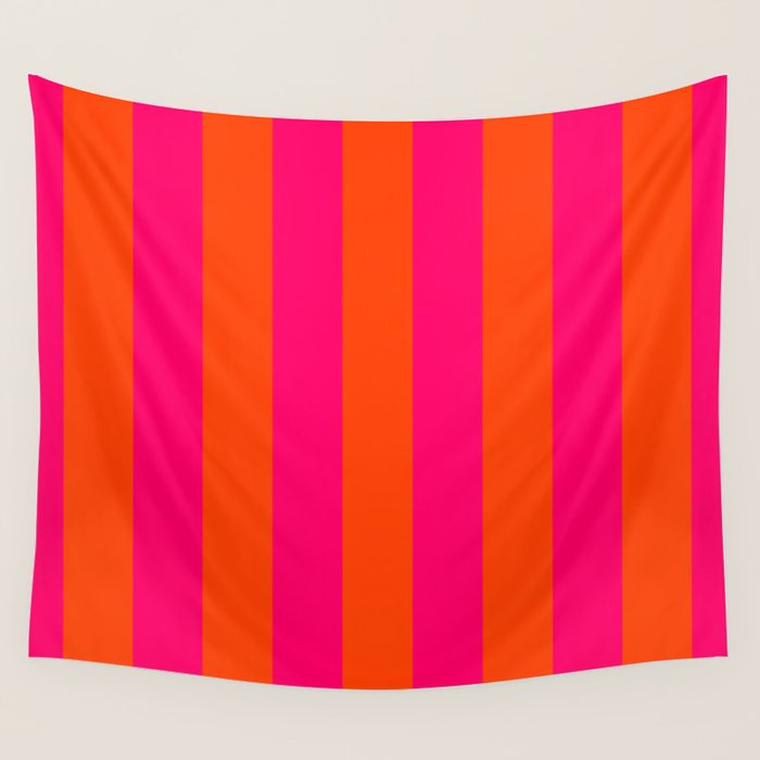Bright Neon Pink and Orange Vertical Cabana Tent Stripes Wall Tapestry Gallery Image 1