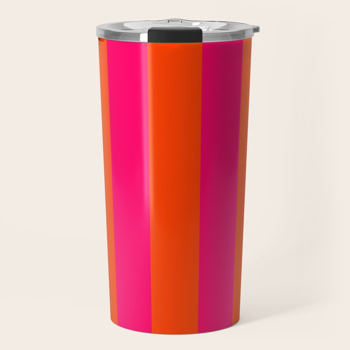 Bright Neon Pink and Orange Vertical Cabana Tent Stripes Travel Mug Gallery Image 1