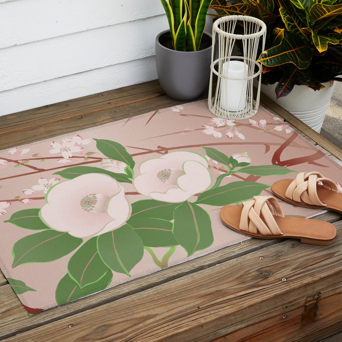 Japanese Spring Flowers Vintage Kimono Pattern Outdoor Rug Gallery Image 2