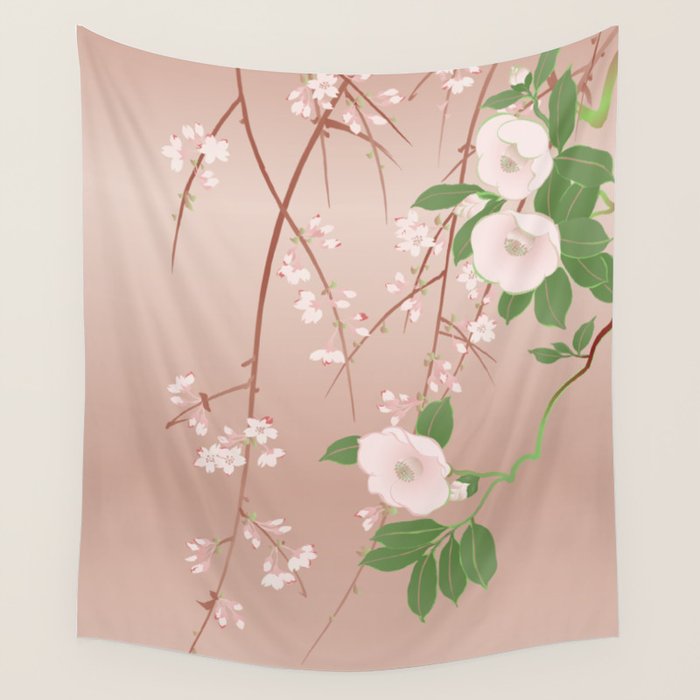 Japanese Spring Flowers Vintage Kimono Pattern Wall Tapestry Gallery Image 1