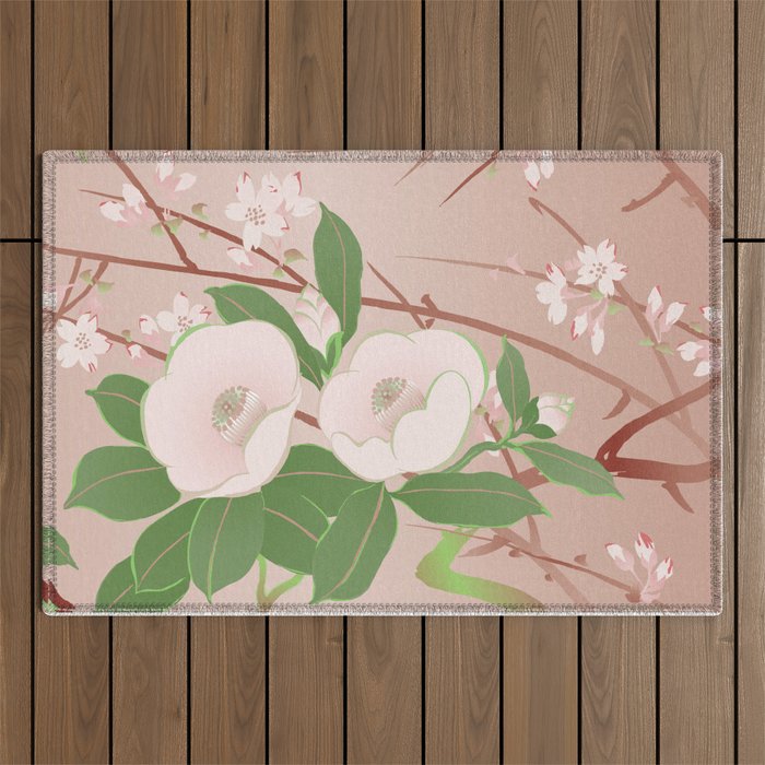 Japanese Spring Flowers Vintage Kimono Pattern Outdoor Rug Gallery Image 1