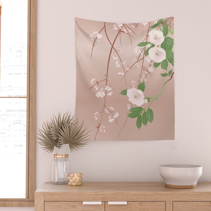 Japanese Spring Flowers Vintage Kimono Pattern Wall Tapestry Gallery Image 2