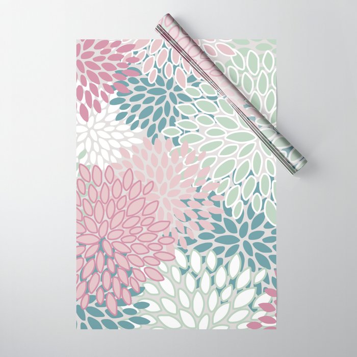 Floral Blooms, Soft Pink, Green and Teal, Design Prints Wrapping Paper Gallery Image 1