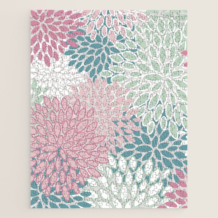 Floral Blooms, Soft Pink, Green and Teal, Design Prints Jigsaw Puzzle Gallery Image 1