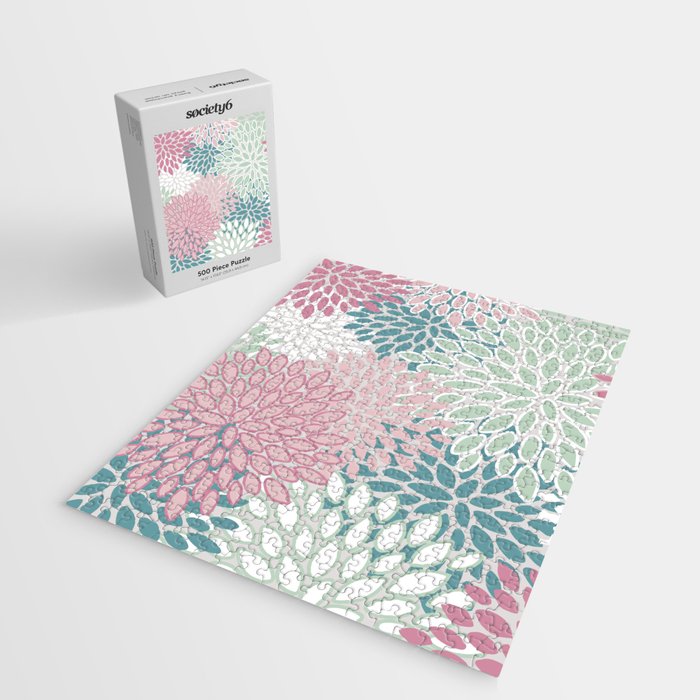 Floral Blooms, Soft Pink, Green and Teal, Design Prints Jigsaw Puzzle Gallery Image 2