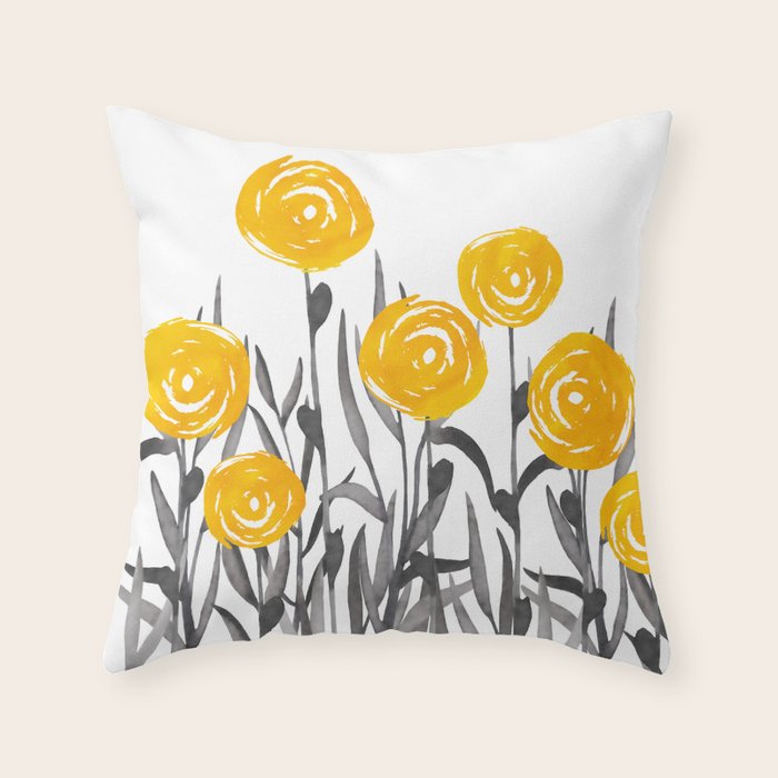 Fall Sunshine, Floral Watercolor Print, Yellow and Gray Throw Pillow Gallery Image 6