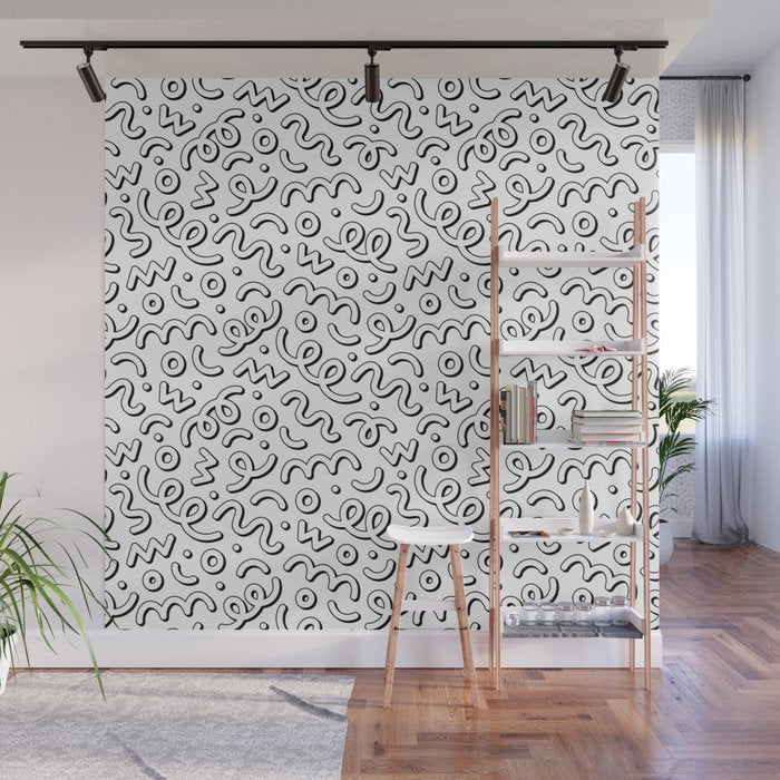 Fun black and white cartoon doodle pattern Wall Mural Gallery Image 1