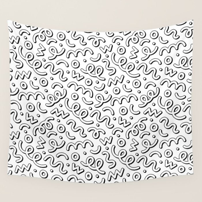 Fun black and white cartoon doodle pattern Wall Tapestry Gallery Image 4