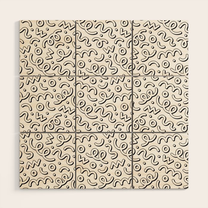 Fun black and white cartoon doodle pattern Wood Wall Art Gallery Image 1