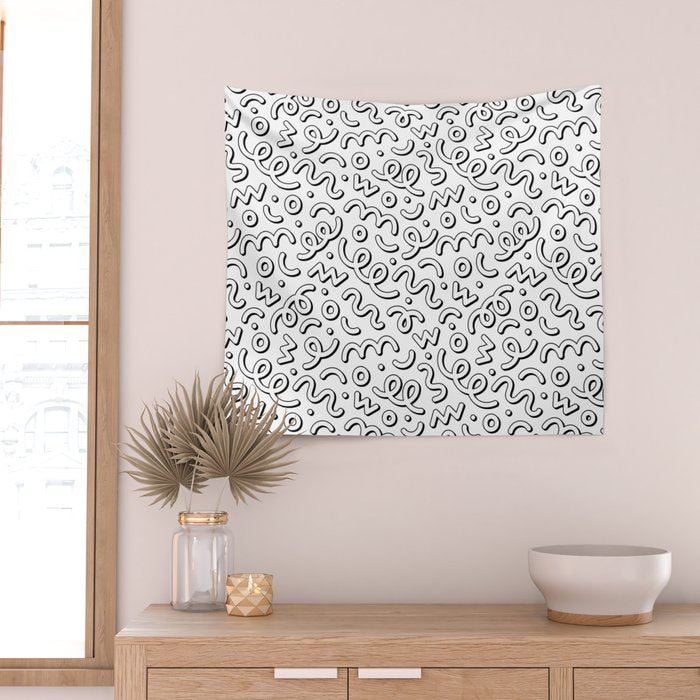 Fun black and white cartoon doodle pattern Wall Tapestry Gallery Image 2