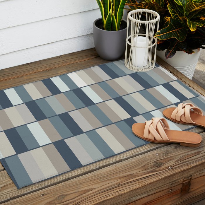 Long Blocks Geometric Pattern in Neutral Blue Grey Tones  Outdoor Rug Gallery Image 2