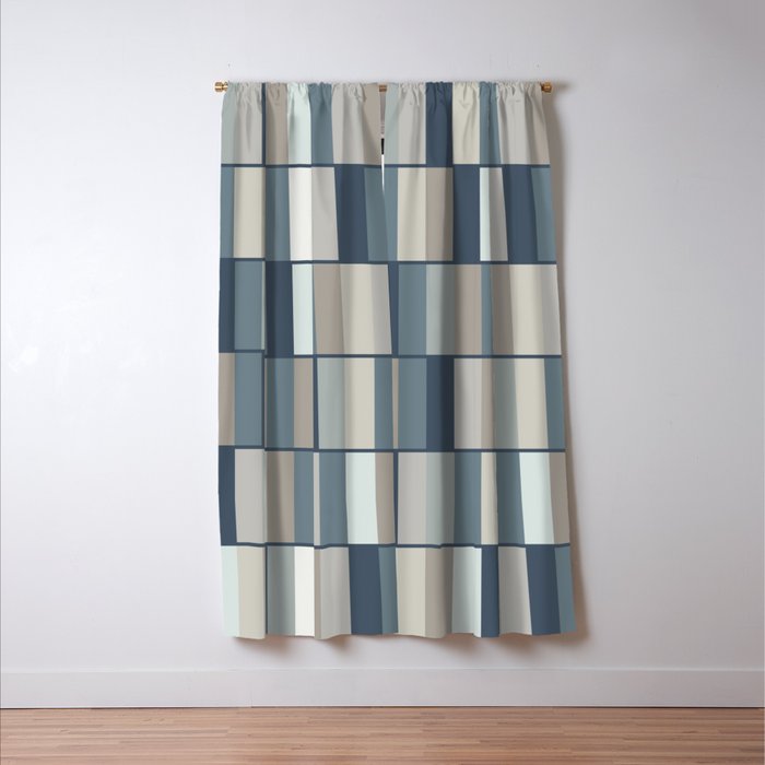Long Blocks Geometric Pattern in Neutral Blue Grey Tones  Window Curtain Gallery Image 3