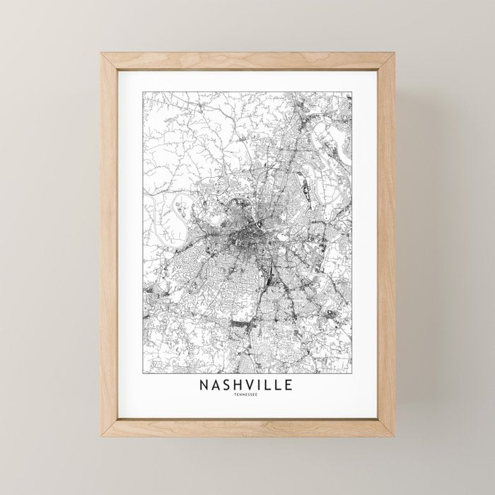 Nashville White Map Mini Art Print Gallery Image 1