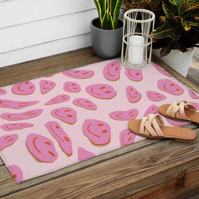 70s retro pink smiles pattern  Outdoor Rug Gallery Image 2