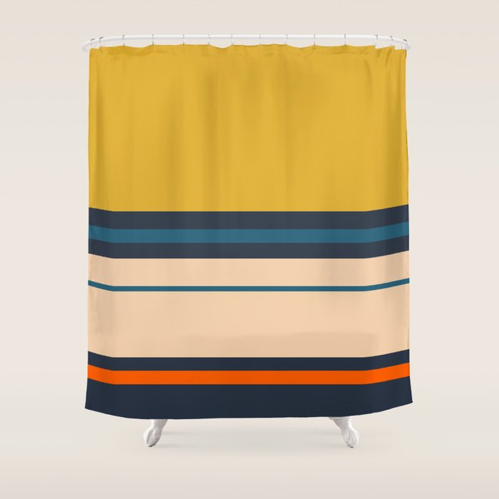 Wide and Thin Stripes Minimal Color Block Pattern Mustard Blue Orange Shower Curtain Gallery Image 1