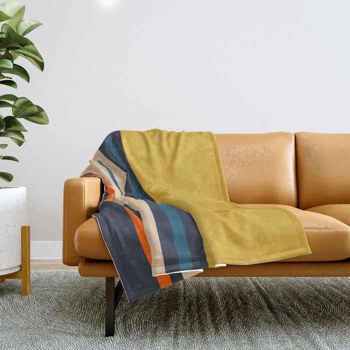 Wide and Thin Stripes Minimal Color Block Pattern Mustard Blue Orange Throw Blanket Gallery Image 1