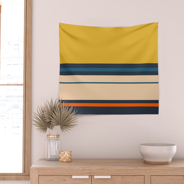 Wide and Thin Stripes Minimal Color Block Pattern Mustard Blue Orange Wall Tapestry Gallery Image 2