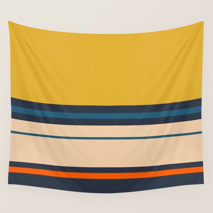 Wide and Thin Stripes Minimal Color Block Pattern Mustard Blue Orange Wall Tapestry Gallery Image 1