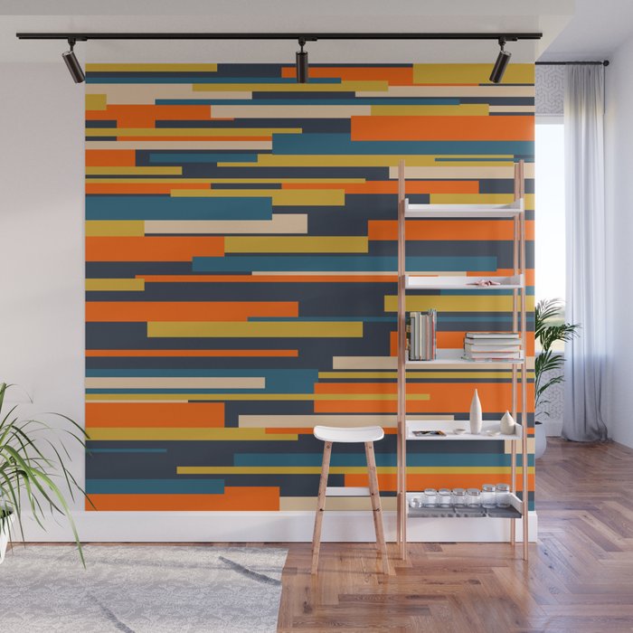 Wright Geometric Mid Century Modern Abstract Pattern Blue Orange Mustard Wall Mural Gallery Image 1
