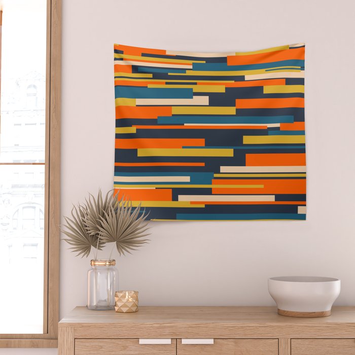 Wright Geometric Mid Century Modern Abstract Pattern Blue Orange Mustard Wall Tapestry Gallery Image 2