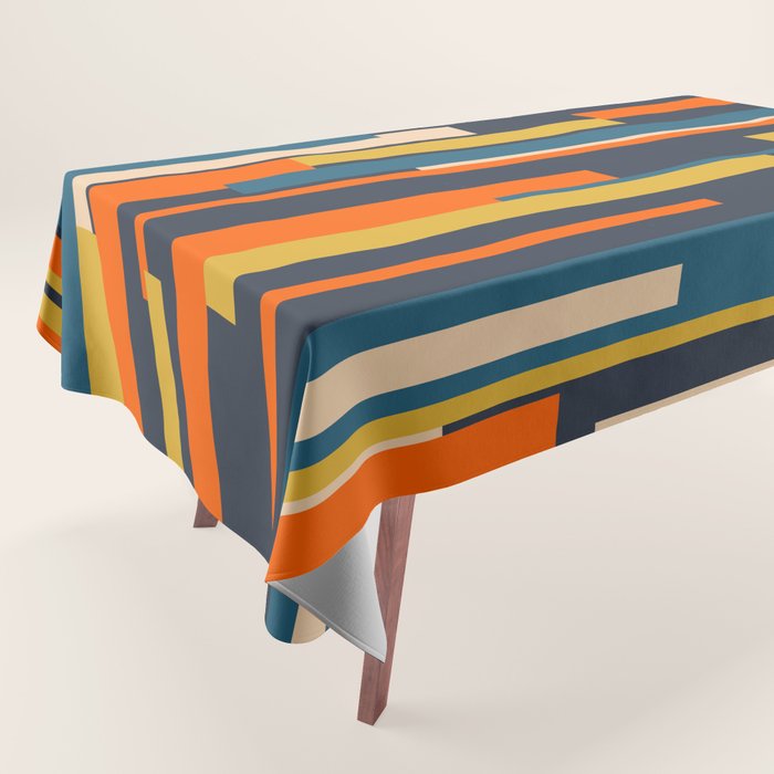 Wright Geometric Mid Century Modern Abstract Pattern Blue Orange Mustard Tablecloth Gallery Image 1