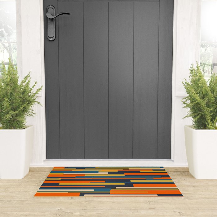 Wright Geometric Mid Century Modern Abstract Pattern Blue Orange Mustard Welcome Mat Gallery Image 3