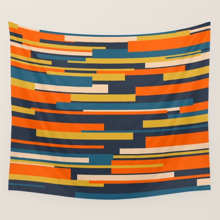 Wright Geometric Mid Century Modern Abstract Pattern Blue Orange Mustard Wall Tapestry Gallery Image 4