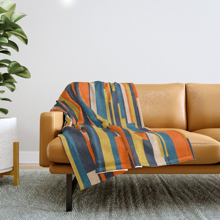 Wright Geometric Mid Century Modern Abstract Pattern Blue Orange Mustard Throw Blanket Gallery Image 1