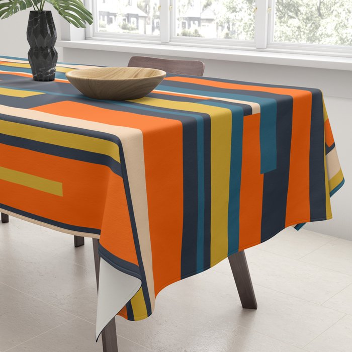 Wright Geometric Mid Century Modern Abstract Pattern Blue Orange Mustard Tablecloth Gallery Image 3