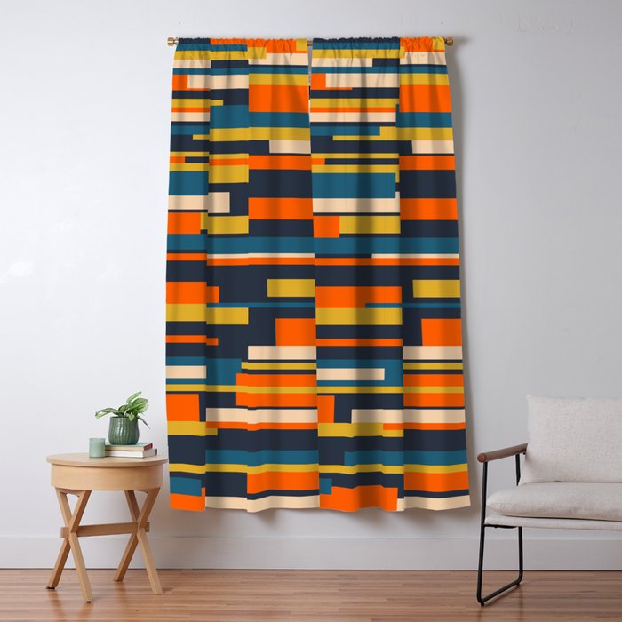 Wright Geometric Mid Century Modern Abstract Pattern Blue Orange Mustard Window Curtain Gallery Image 5