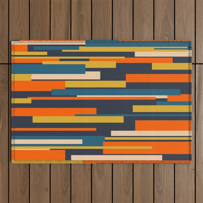 Wright Geometric Mid Century Modern Abstract Pattern Blue Orange Mustard Outdoor Rug Gallery Image 1