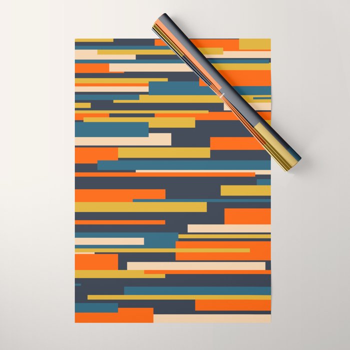 Wright Geometric Mid Century Modern Abstract Pattern Blue Orange Mustard Wrapping Paper Gallery Image 1