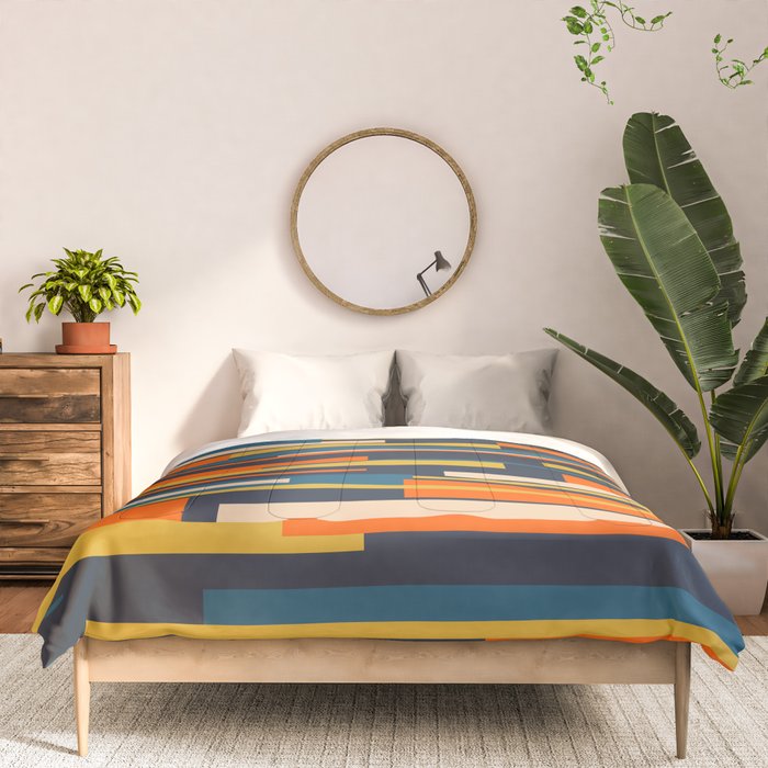 Wright Geometric Mid Century Modern Abstract Pattern Blue Orange Mustard Comforter Gallery Image 3