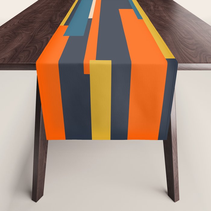 Wright Geometric Mid Century Modern Abstract Pattern Blue Orange Mustard Table Runner Gallery Image 1