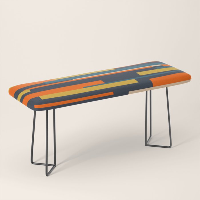 Wright Geometric Mid Century Modern Abstract Pattern Blue Orange Mustard Bench Gallery Image 1