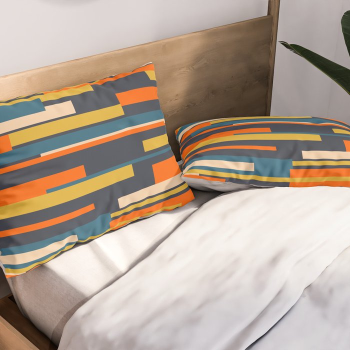 Wright Geometric Mid Century Modern Abstract Pattern Blue Orange Mustard Pillow Sham Gallery Image 2