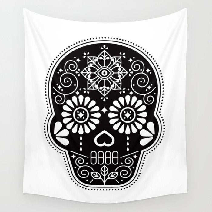DÃ­a de Muertos Calavera â¢ Mexican Sugar Skull - Black Palette Wall Tapestry Gallery Image 1