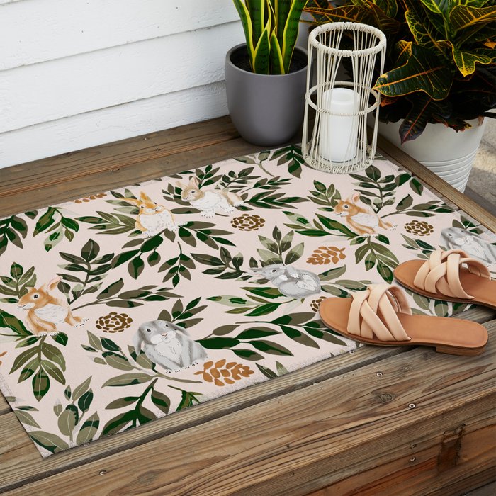 Rabbits in the green forest Outdoor Rug Gallery Image 2