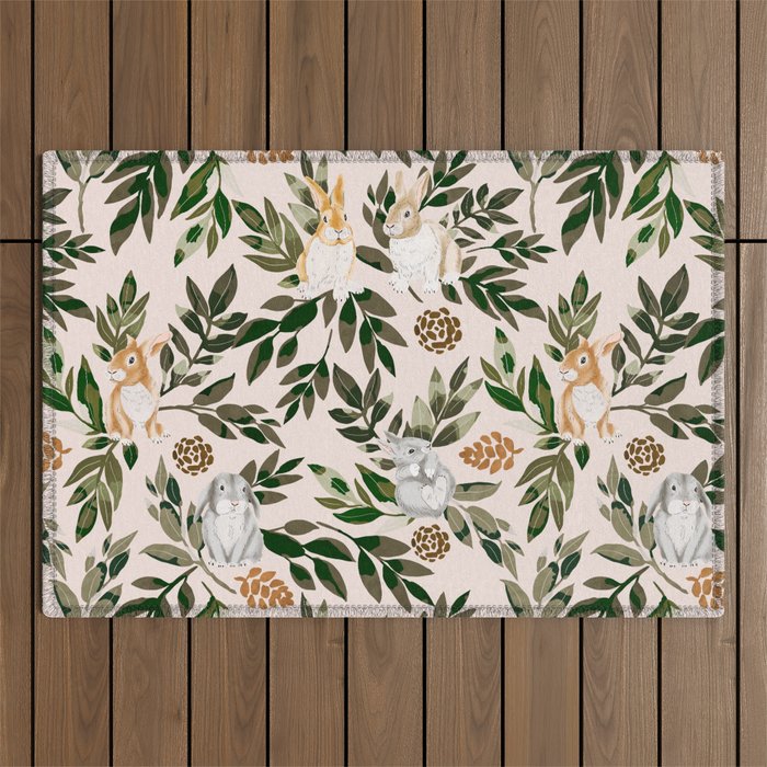 Rabbits in the green forest Outdoor Rug Gallery Image 1