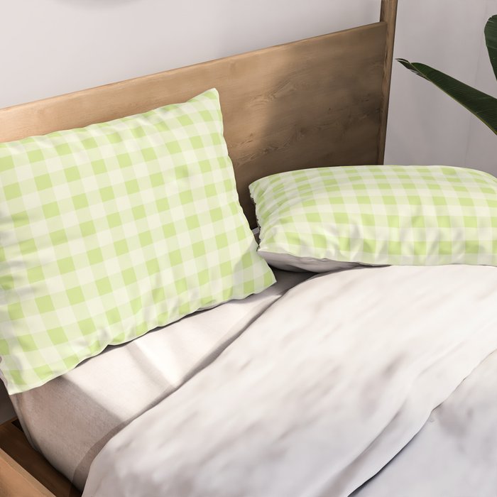 Gingham Check Pattern in Light Lime Green and White Pillow Sham Gallery Image 2