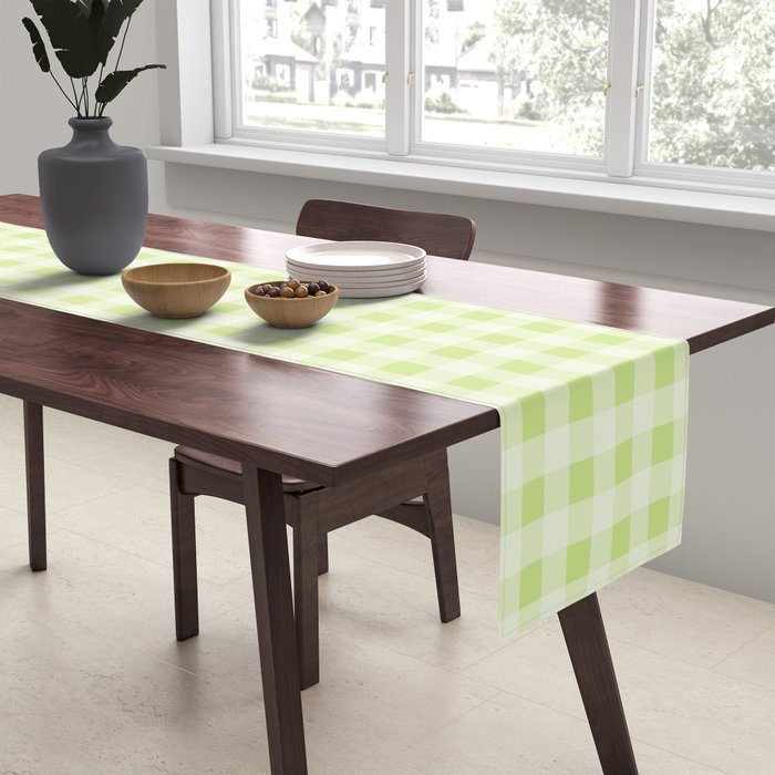 Gingham Check Pattern in Light Lime Green and White Table Runner Gallery Image 2