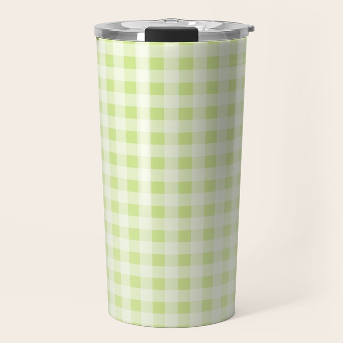 Gingham Check Pattern in Light Lime Green and White Travel Mug Gallery Image 1