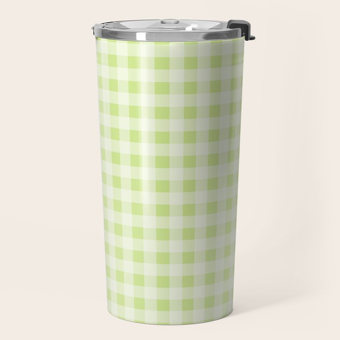 Gingham Check Pattern in Light Lime Green and White Travel Mug Gallery Image 2